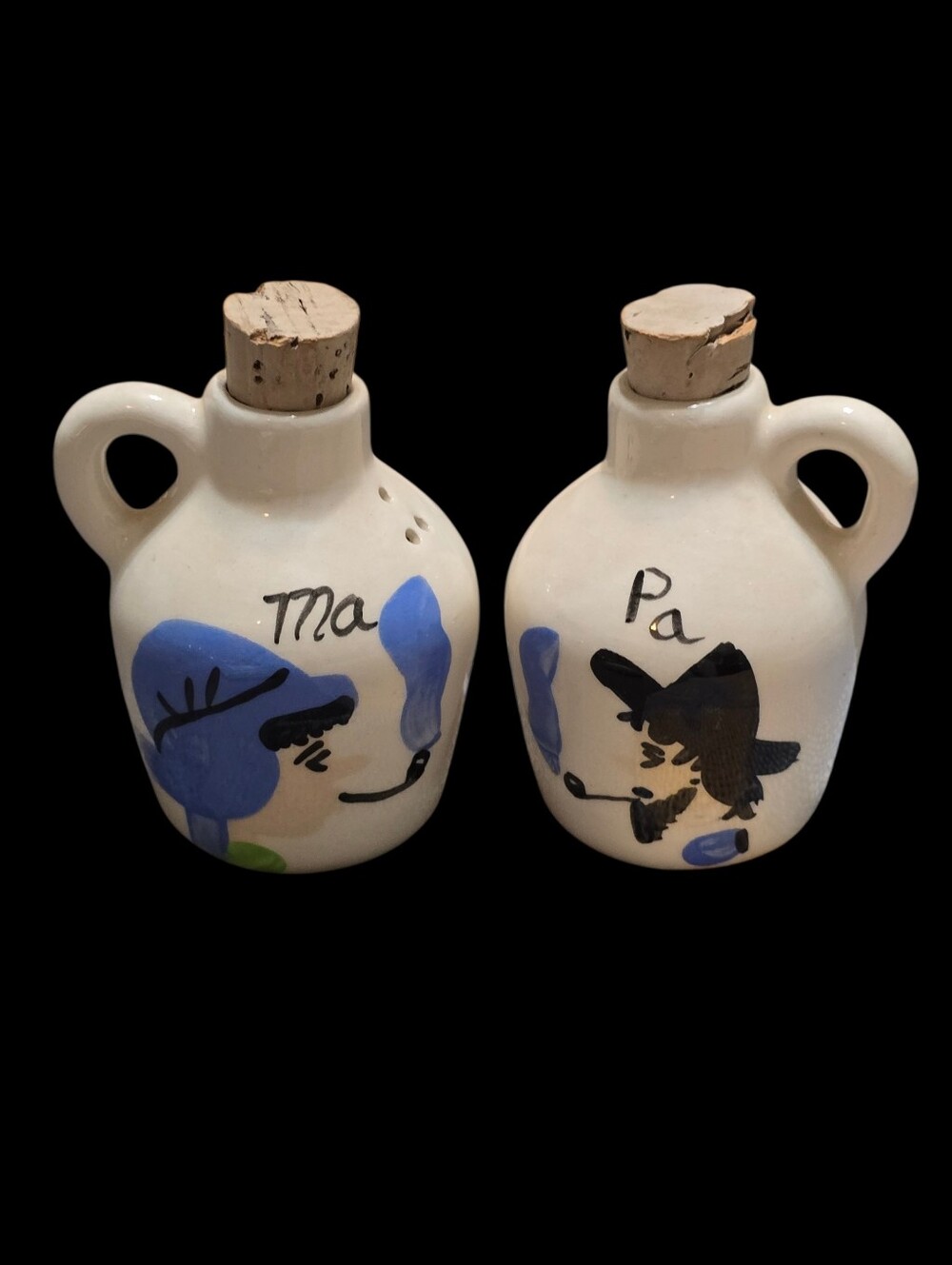 Vintage | White Ceramic 'Ma' and 'Pa' Salt & Pepper Shakers